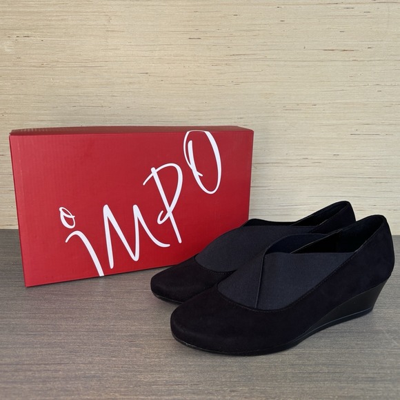IMPO Resty Stretch Women's Sz 9 Black Faux Suede Wedge Shoes Heels - Picture 1 of 14